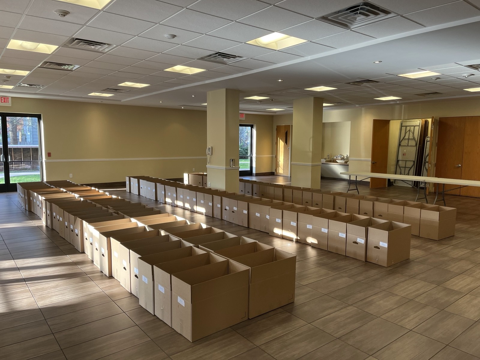 Rows of Shabbos boxes set out for packing